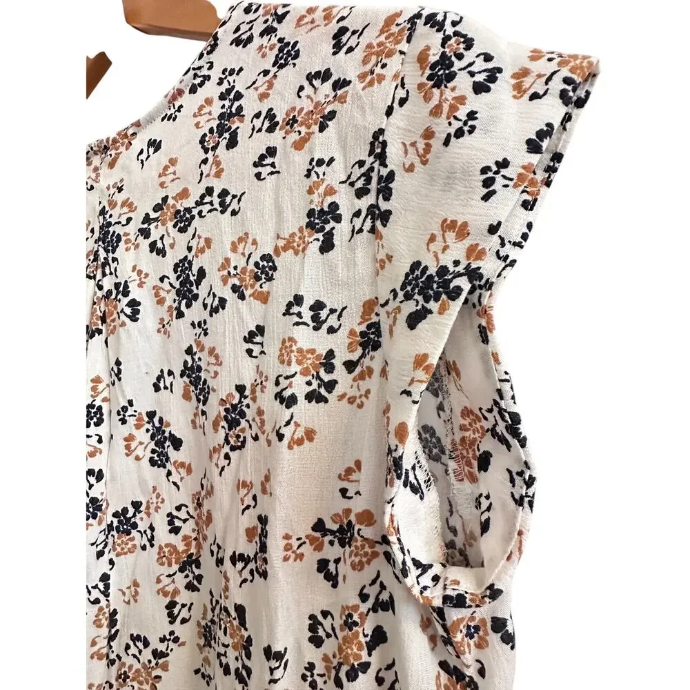 Liz Claiborne Petite Lrg Floral Blouse Cream Tan Navy Abstract‎ Print Cap Sleeve - Picture 2 of 8